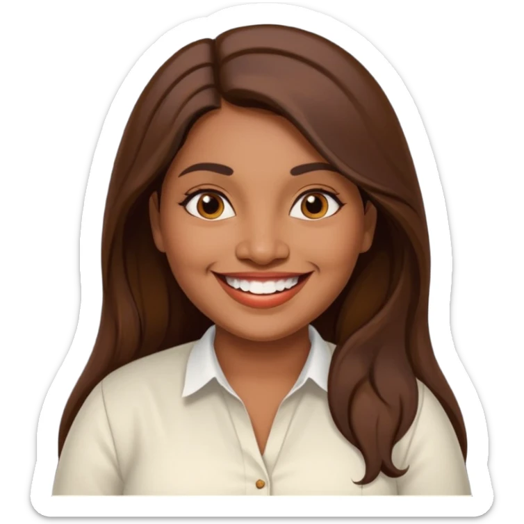 40 yr old chubby Sri Lankan woman, dark skin, straight brown hair, big smile, white teeth, european clothes, longer hair sticker