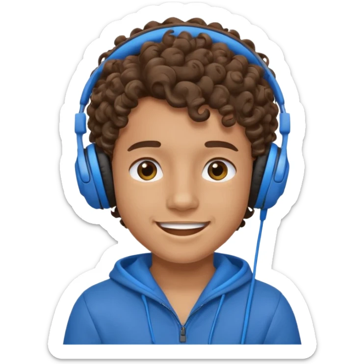A boy with curly hair and tan skin and a happy face with blue headphones  sticker