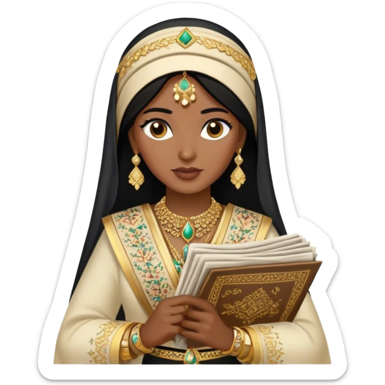 a khaleeji woman dressed in a traditional embroidered outfit,  black hair and a lot of gold accessories holding newspapers  sticker
