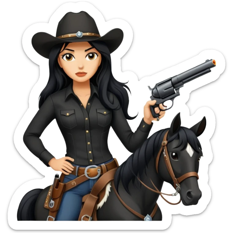 confident hot tanned woman with long black hair cowgirl style wearing black outfit with gun and horse sticker