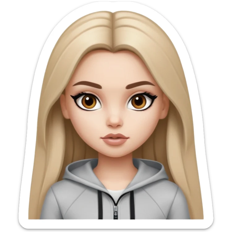 pretty bratz girl, long dark blonde hair, brown eyes, black eyeliner, pale skin, athletic clothes sticker