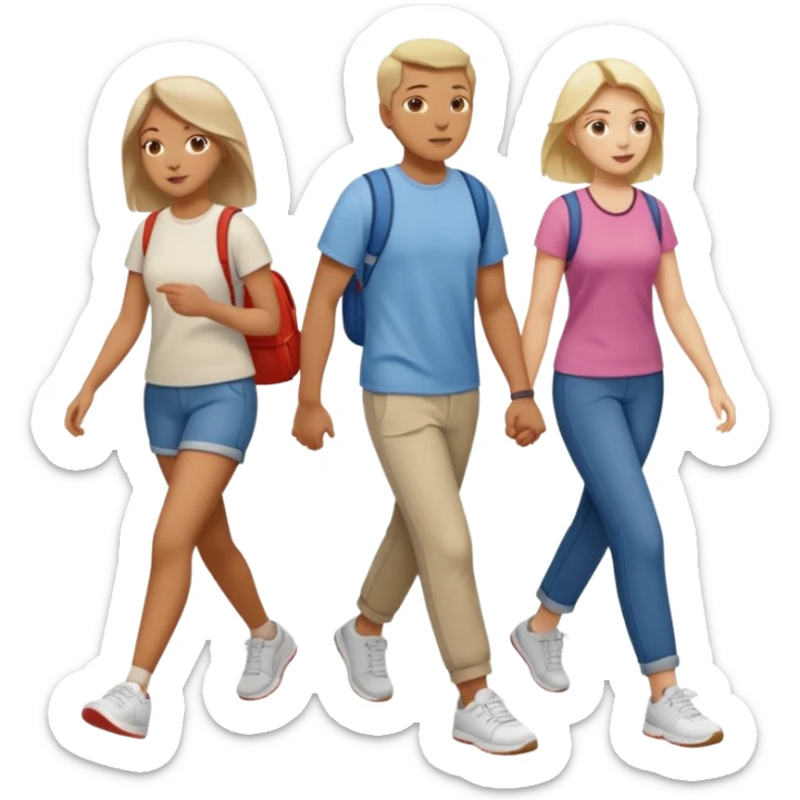 iOS emoji style - a men and 2 women in casual clothes and wearing trainers. Walking in the same direction quickly together. 
Not holding hands. 
 sticker