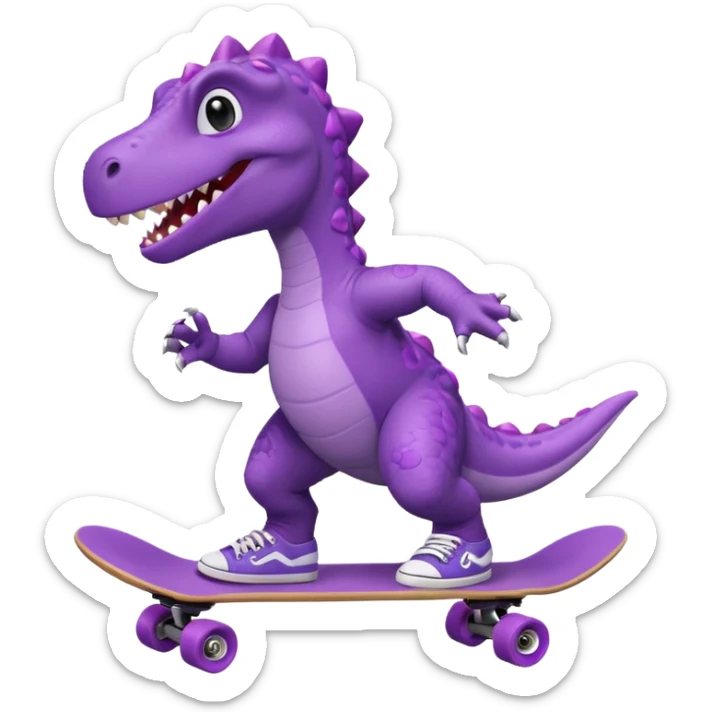a purple dinosaur on a skateboard wearing a coat with sneakers in the bottom sticker