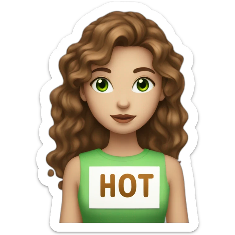 Girl with wavy brown hair and green eyes holding a sign that says “hot” sticker