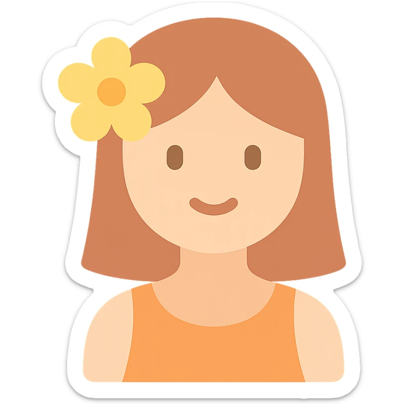 girl with straight hair, flower in her hair, summer vibe colored icon sticker