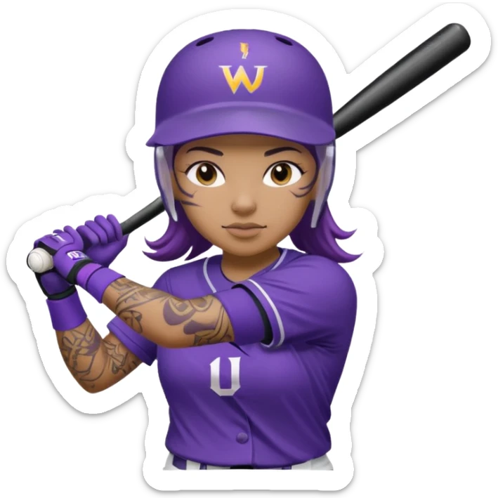 WCU Softball player in purple uniform batting with a full arm sleeve tattoo on left arm sticker