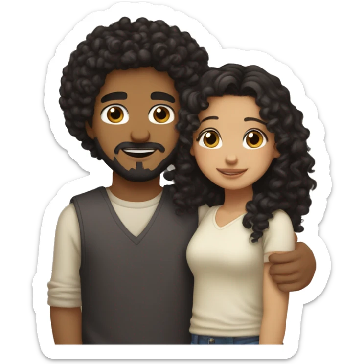 girl with light skin, hazel eyes and black hair hugging a boy with medium curly hair that is light brown and a tiny mustache and goatee sticker