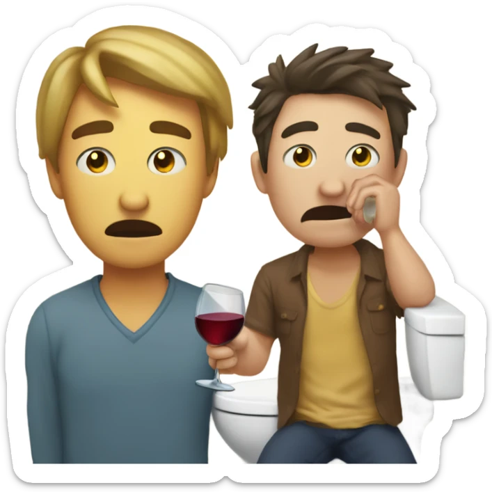Man crying while holding a wine glass while his friend is on the toilet next to him sticker