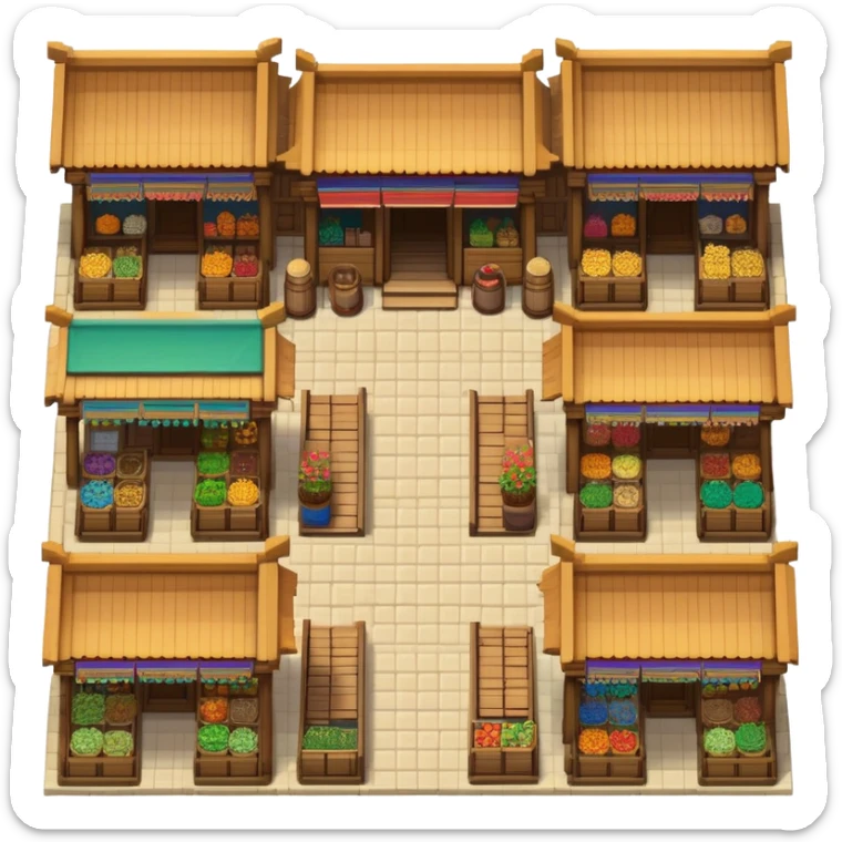 "Top-down 2D pixel-art Persian Zand Dynasty market stalls, 100% orthogonal view (like Stardew Valley), featuring:  - **Flat, fully visible roofs** with symmetrical wooden beams.  - **Front-facing shop counters** (visible from top, no perspective tilt).  - **Seamless edges**: Left/right sides must tile perfectly (use repeating patterns like brick or fabric awnings).  - **Variations**: Some stalls with open cloth shades, others with piled pottery/rugs (center-only randomness).  - **Colors**: Turquoise door frames, terracotta walls, gold accents.  - **Grid**: 32x32 pixels, game-ready." sticker