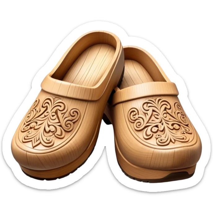 Cinematic Realistic Wooden Clogs Emoji, depicted as a pair of traditionally carved wooden clogs with intricate details and rustic charm. sticker