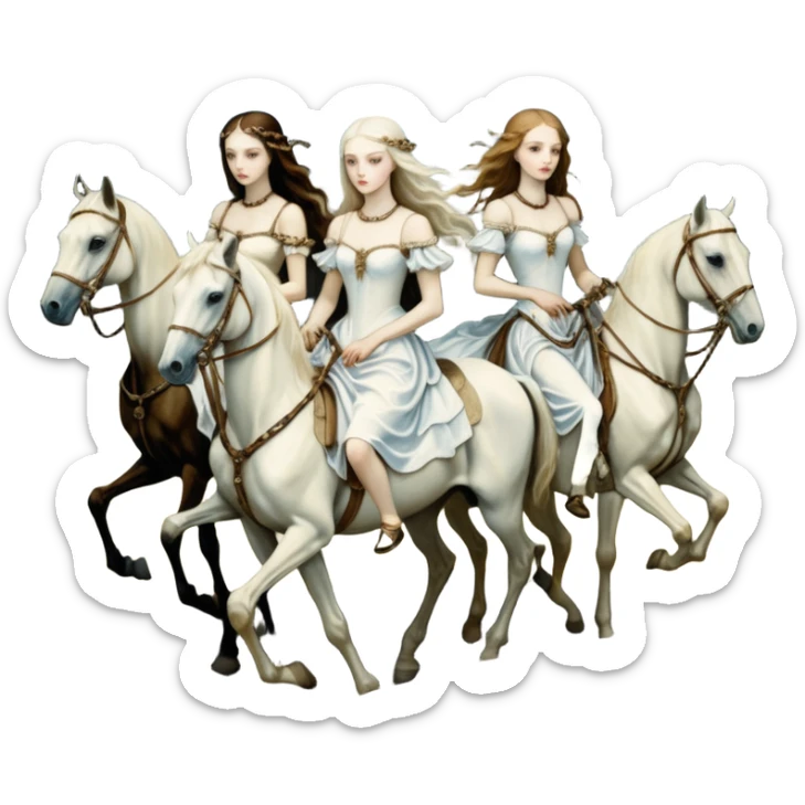 cinematic - aesthetic brilliant divine lighting, oil paint - ivory Four thin women as riders of the Apocalypse, after a graphic by Albrecht Dürer in a desolate landscape on horse skeletons sticker