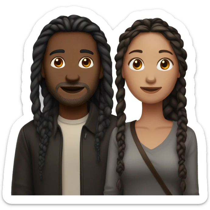 Woman and man couple, in their 40's, woman is medium dark black complexion, her hair is long black twisted braids, man is fair skinned white male with reddish hair that's medium length sticker