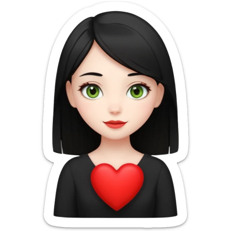 Pale girl with straight black hair and olive green eyes soft smile wearing black dress and holding a heart sticker