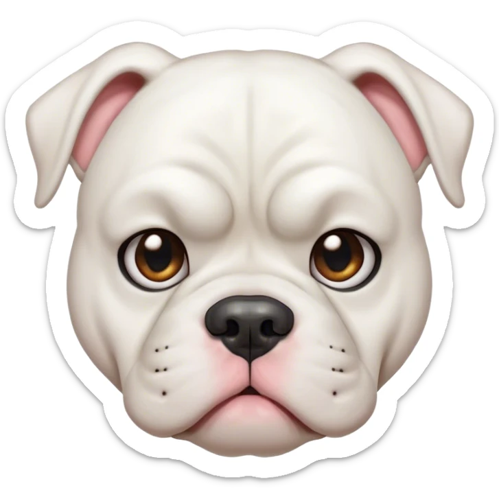 Cinematic Meme-Worthy Grumpy White American Bulldog Portrait Emoji, Head held high but eyes filled with dramatic disappointment, smooth white fur with a furrowed brow forming an unmistakable scowl, floppy ears slightly angled back in disapproval, piercing brown eyes glaring with pure exasperation, Simplified yet hilariously over-exaggerated features, highly detailed, glowing with an aura of supreme annoyance, high shine, exhausted yet judgmental, stylized with an almost regal pettiness, bright but brooding, soft glowing outline, capturing the essence of a pup that has seen it all and is thoroughly unimpressed, so meme-worthy it feels like it could instantly become the next viral sensation of grumpiness! sticker