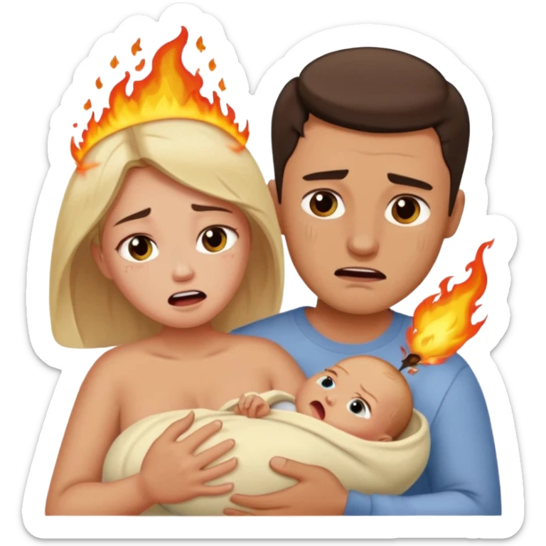  woman being burned in front of a very handsome man who carries a baby sticker