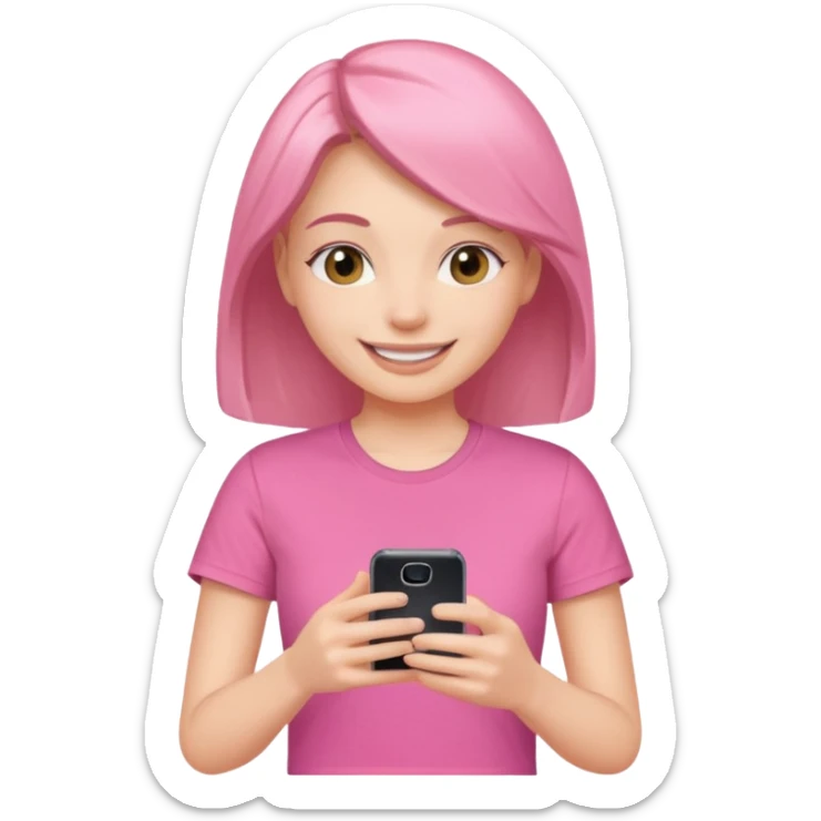 Pretty woman in pink t-shirt smiling at her phone like filming a video sticker