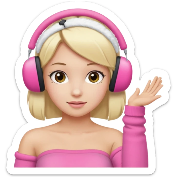 Mädchen mit blondem glattem Haar und rosanen top ohne Träger weißen armschützer und rosa Ohrenschützer sticker