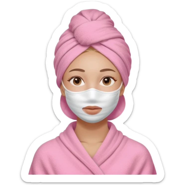 Clean girl influencer character, chest-up portrait, wearing a pink towel wrapped around the head, half-face skincare mask (applied only on one side of the face), relaxed confident expression, , minimal chic self-care aesthetic, subtle beauty accessories sticker