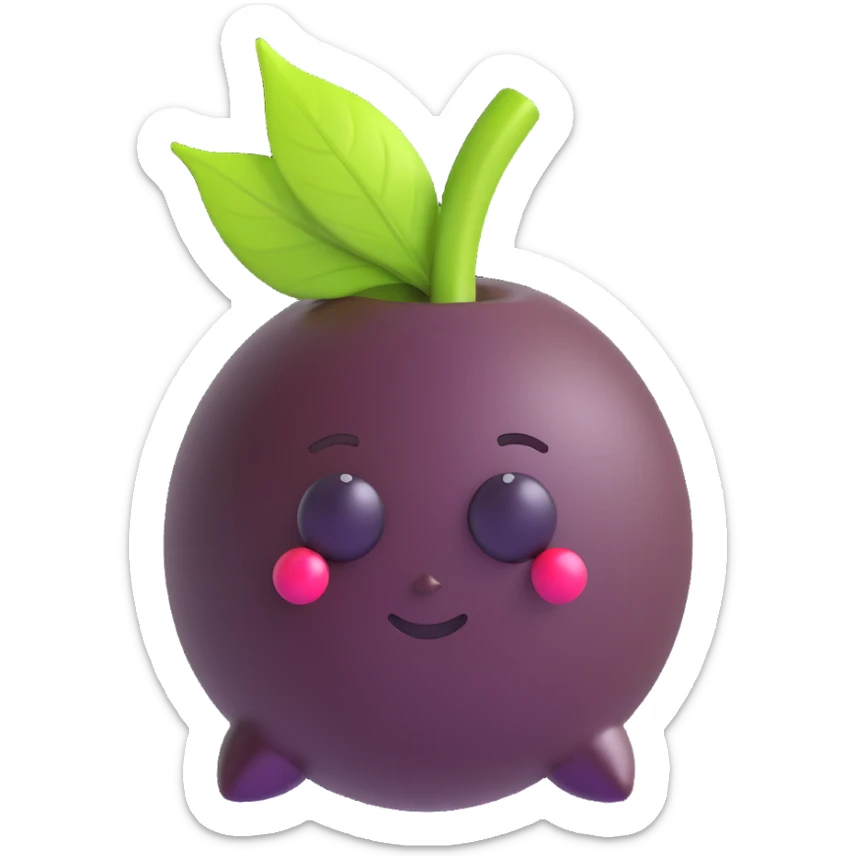 realistic emoji-style açaí berry partially dipped in chocolate like a bonbon, deep purple glossy berry, smooth realistic dark chocolate covering bottom half, small natural green leaf on top, no face, clean glossy modern emoji icon style with realistic details sticker