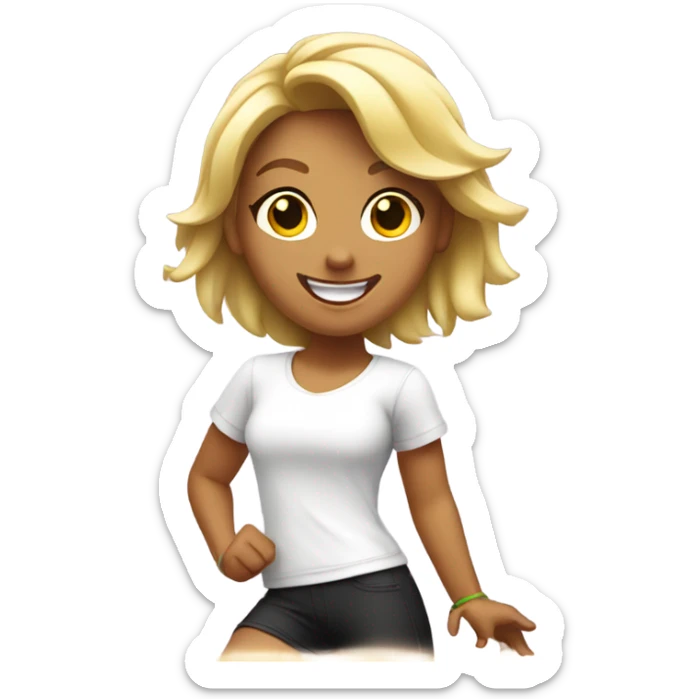 Blond smiling and dancing girl with Zumba logo on white t-shirt sticker