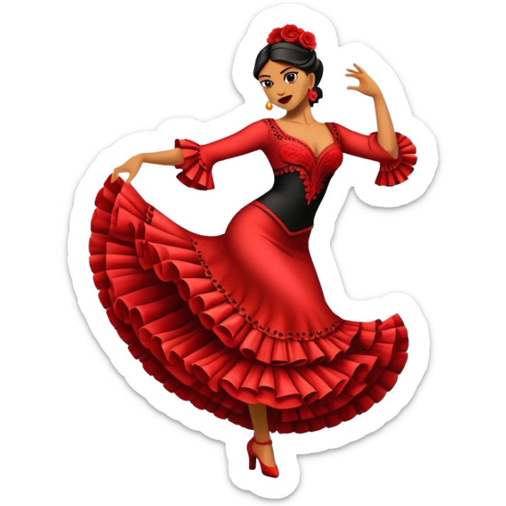 Cinematic Realistic Flamenco Dance Emoji, depicted as a passionate expressive flamenco performance with dramatic costumes and dynamic fiery movements, rendered with vibrant textures and bold energetic lighting that captures its intense rhythm. sticker