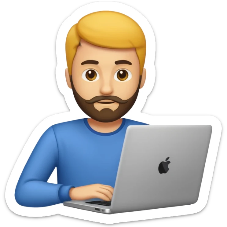 Emoji de un hombre joven con barba corta usando una laptop, estilo emoji moderno y minimalista, colores planos, líneas limpias, expresión amigable, fondo transparente. sticker