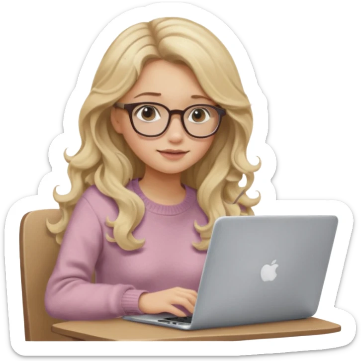 blonde girl with long dark blonde wavy hair, pantos-style glasses, a brown sweater, sitting and looking in laptop, soft pastel, upper body shot sticker