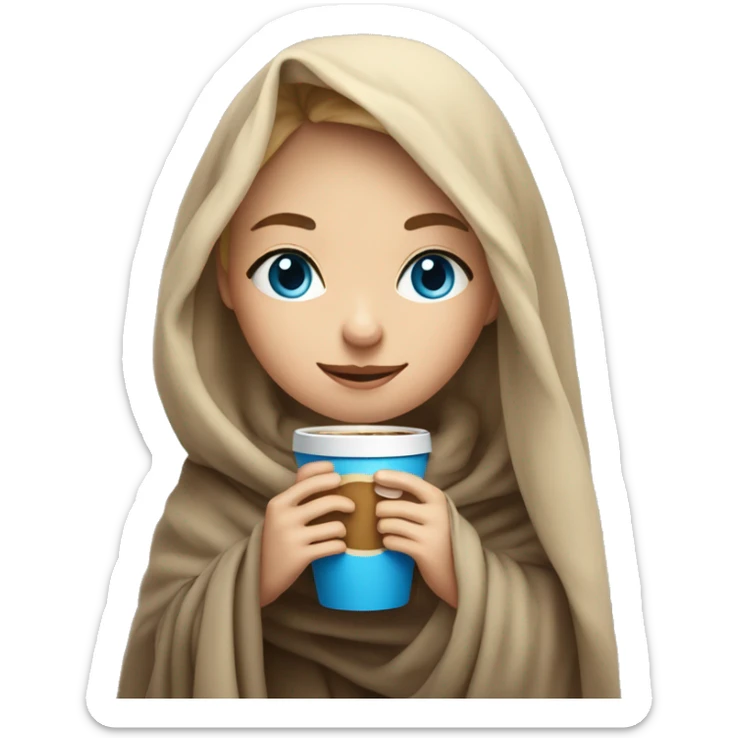  Cute dark Blonde girl with blue eyes wrapped in blanket drinking coffee sticker