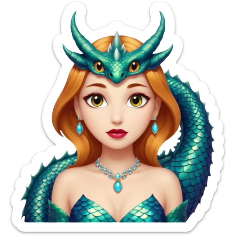 A gorgeous woman with dragon features with glittering jeweled scales covering her body. She has large almond shaped eyes, lush lips, and she wears a stunning luminescent gown. sticker