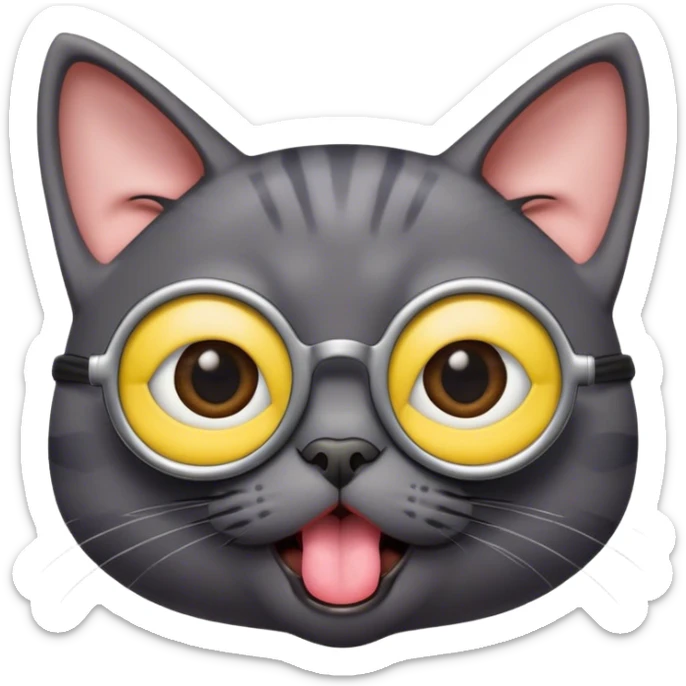 Completely dark Gray Cat that has tongue all the way out out wearing minion glasses with body  sticker