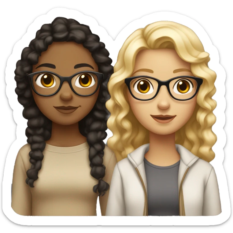 Two Girls both tan but but one with black straight hair and lighter tan and one girls with clear glasses curly brown hair with two blonde pieces in the front with a little darker tan sticker