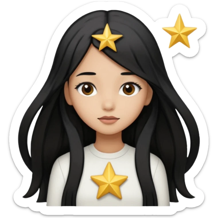 A girl in white with black long straight hair with star hairclip and light brown skin sticker
