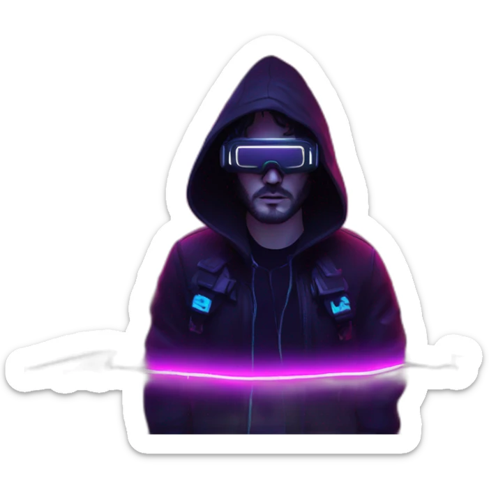 John Snow wearing a black hoodie with "OMG" letters on it and VR headset in a cyberpunk VR environment with violet neon lighting. sticker