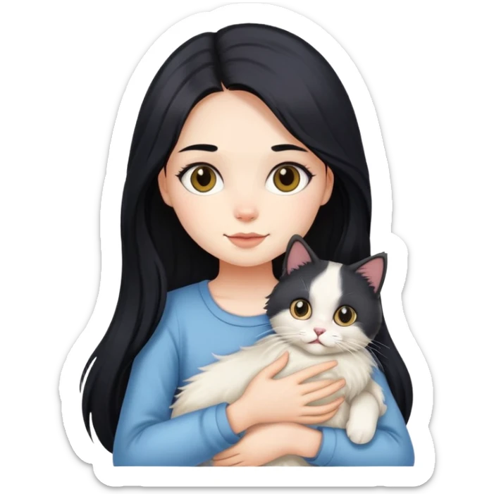 A girl with long black hair holding a cute Ragdoll cat sticker