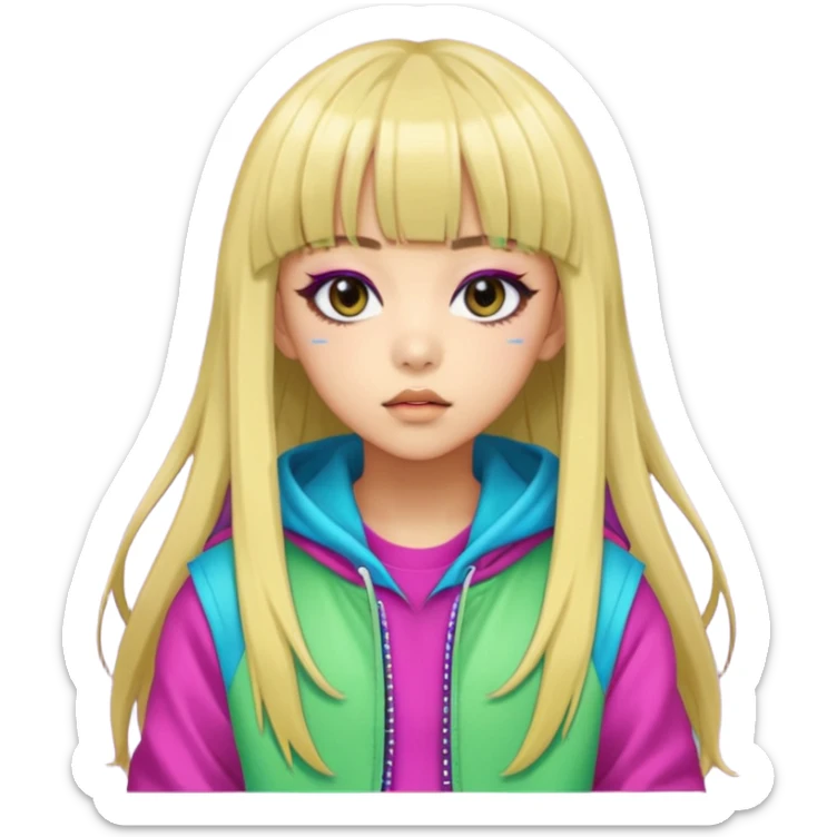  portrait-of-a-alien-k-pop-idol,-wearing-a-stylish-streetwear-outfit-with-layered-colorful-clothing,-long-hair-with-bangs,-makeup,- sticker
