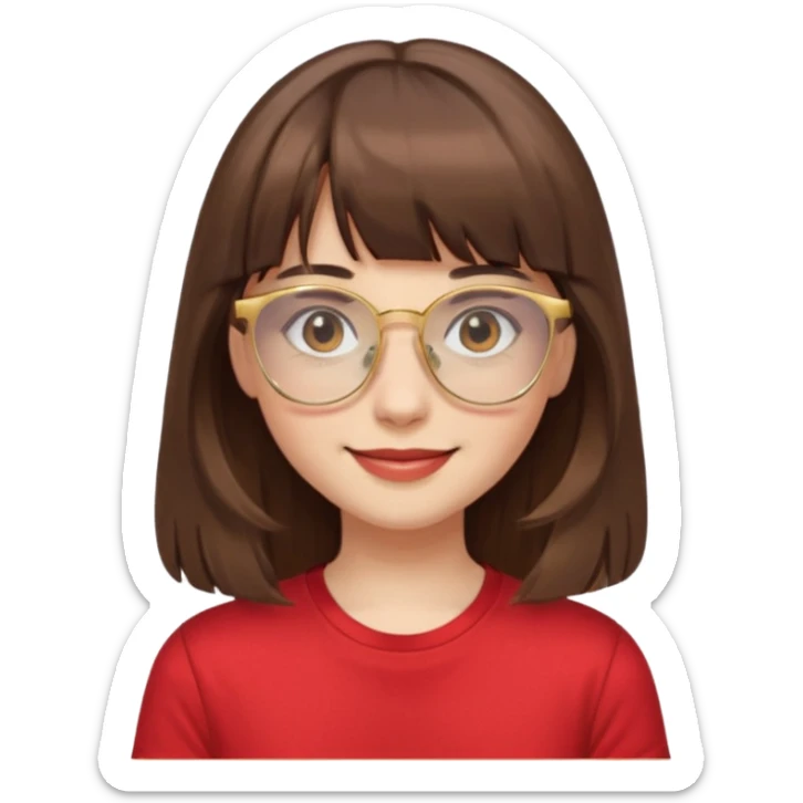 chica con piel blanca sonriendo, ojos marrones y pelo marrón muy largo con flequillo y lentes dorados con remera roja. sticker