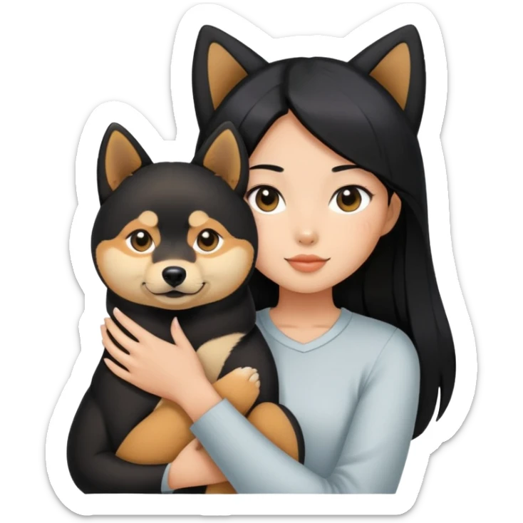 A girl with long black straight hair holding a black Shiba Inu sticker