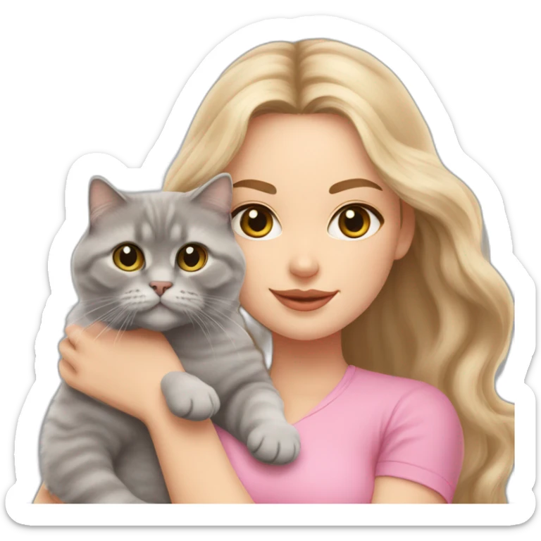 woman with grey eyes and long wavy blonde hair and in a pink shirt is holding a very fluffy and fat grey Scottish fold cat sticker