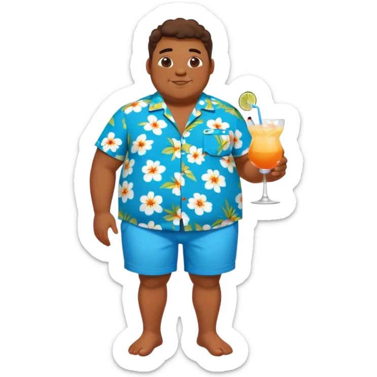 chubby guy full figure in a flowered azure havai shirt, brown shorts and flippers holding a cocktail sticker