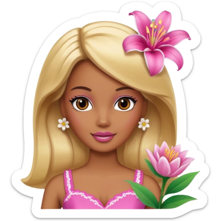 Brown skin blonde hair Barbie with flower Lilly in hair  sticker