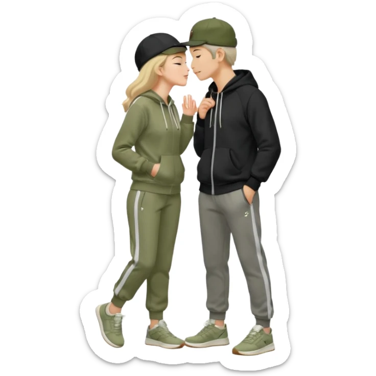  The woman, wearing a light gray tracksuit, a beige hat, and white sneakers, stands on tiptoe, tenderly kissing the man's cheek while holding his chin. He smiles broadly, wearing a black jacket, olive-green pants, and black and white sneakers, as well as a black cap. sticker