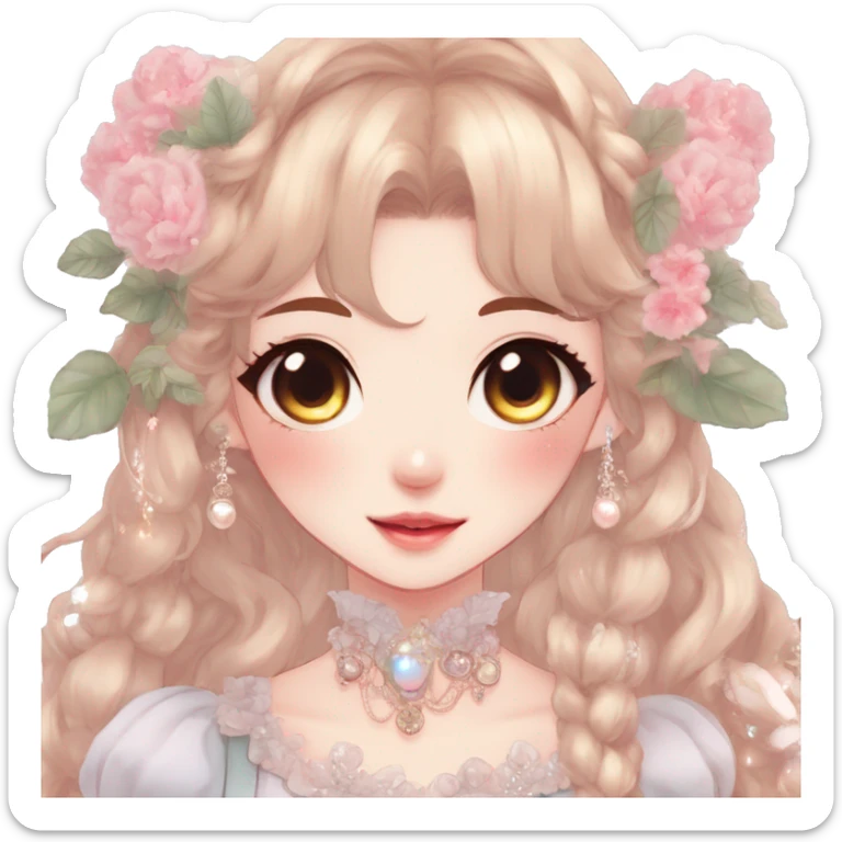 Gorgeous anime style lady with blushing face and accessories cottagecore fairycore Kawaii anime colorful pearly romantic aesthetic trending style sticker