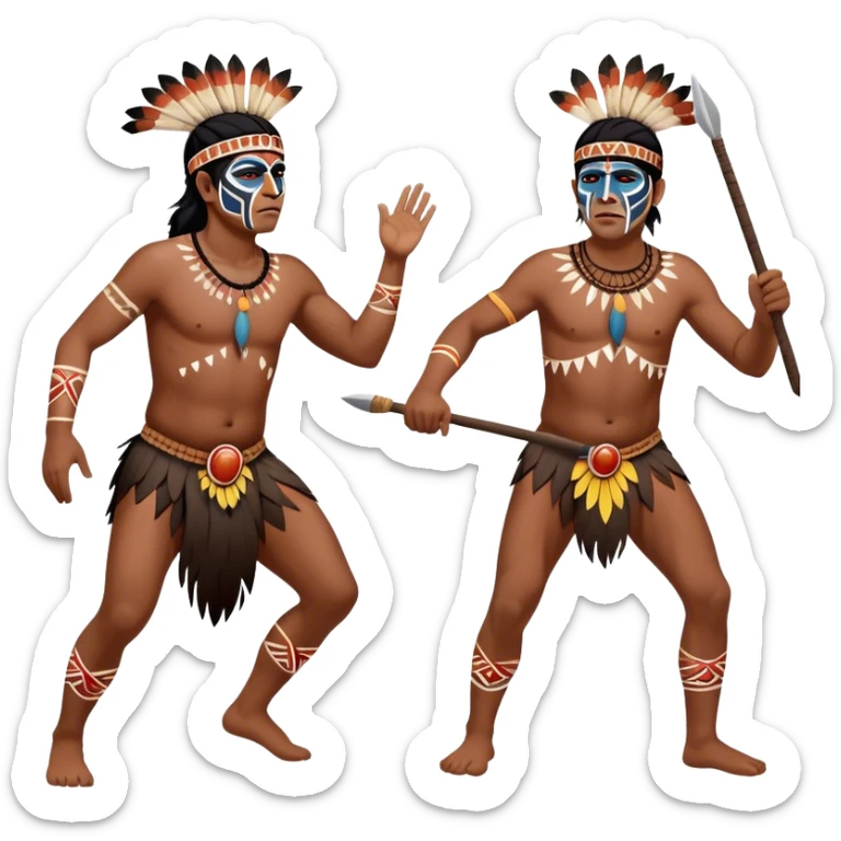 Cinematic Realistic scene of two indigenous male aboriginals performing an Aboriginal Corroboree, adorned in traditional body paint, A corroboree is an Australian Aboriginal ceremonial meeting. It usually includes celebration of Aboriginal mythology and spirituality, which is based in the Dreaming sticker