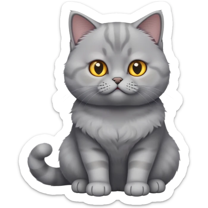 cinematic-[British shorthair cat]-realistic-full-body-sitting-emoji,-tail-curled-playfully-around-its-paws,-head-tilted-dramatically,-fluffy-[grey]-fur,-simplified-yet-hilariously-adorable-features,-highly-detailed,-glowing-with-an-almost-sarcastic-glow sticker
