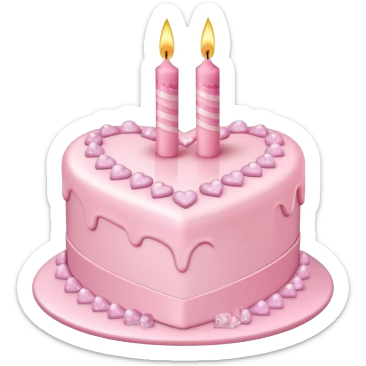 heart shaped birthday cake, pastel pink color, with one candle, sparkles, cute and cheerful sticker