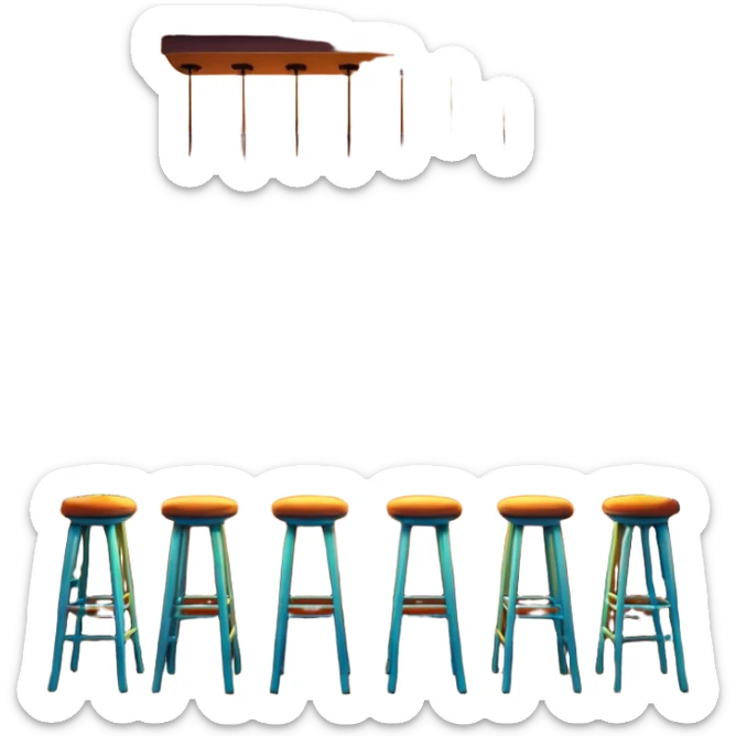 A 3D cartoon bar interior with a counter, glowing shelves of colorful bottles, tall stools, and hanging lights, warm ambient lighting, realistic reflections, Memoji-style. sticker