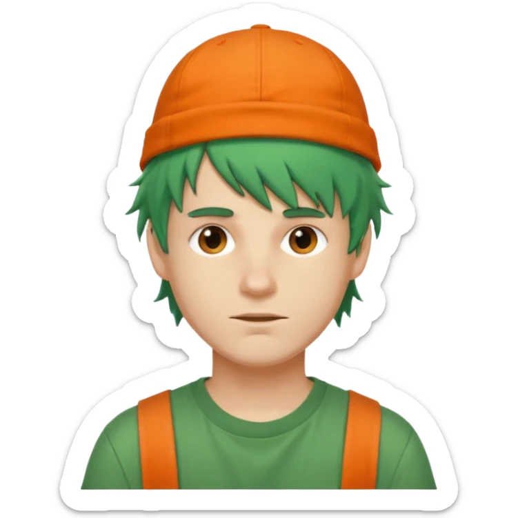 white guy, messy green hair, orange backwards hat, street fashion sticker
