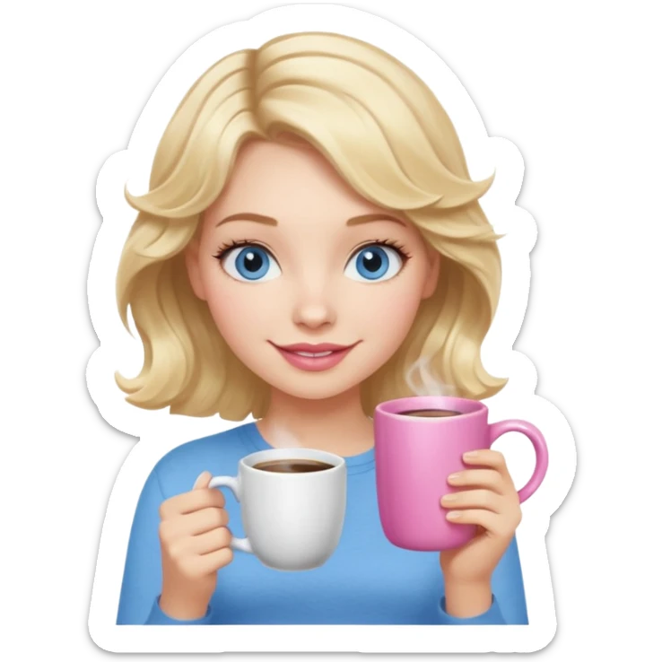 Girl Blonde short wavy hair,  blue eyes, cute blue top, long lashes, pink lips, holding white hot coffee mug sticker