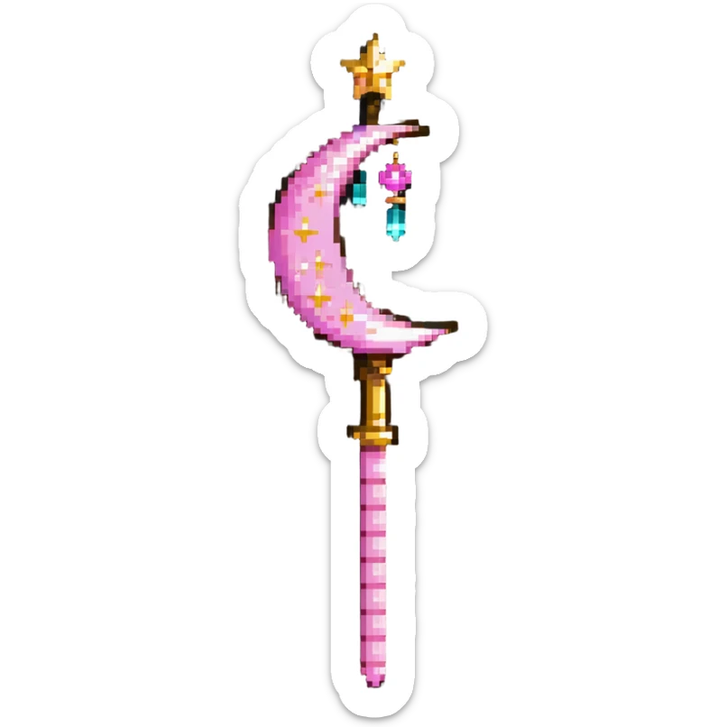 Sailor Moon's Moon Stick, a pink wand with a golden crescent moon on top and a magical pink crystal sticker