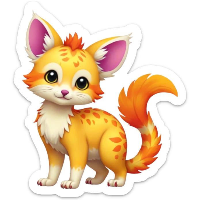 Feral Rare Fantasy vibrant colorful tropical cute, kawaii, cool, ed Vernid-Trico-species by LiLaiRa, random markings, tufted tail, tufted ears, full body, cheek markings sticker
